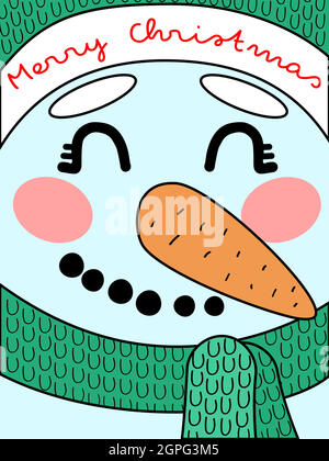Niedliche weihnachtskarte mit einem Schneemann in einem grünen Hut Stock Vektor