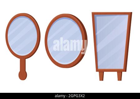 Holzrahmen mit Spiegel im Cartoon-Stil. Haus Interieur, Möbel. Sauberes elegantes Objekt, Dekor-Element. Rechteckige Form. Vektorgrafik Stock Vektor