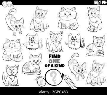 Eine von einer freundlichen Aufgabe mit niedlichen Cartoon Katzen Färbung Buchseite Stock Vektor