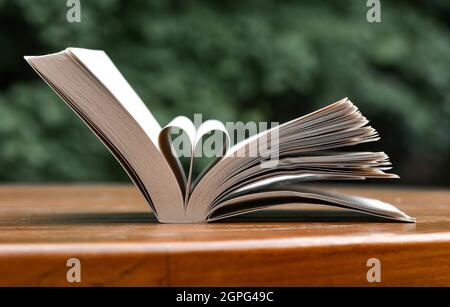 Foto eines Buches mit Seiten, die als Herzform geformt wurden Stockfoto