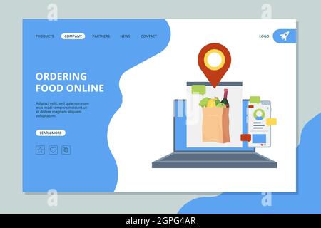 Online-Bestellung von Lebensmitteln. Einkaufskorb mit Vorlage für die Landing Page für Lebensmittelgeschäfte Stock Vektor