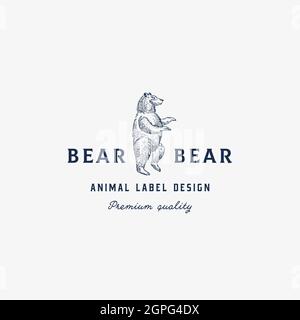 Grizzly Bear abstraktes Vektorzeichen, Symbol oder Logo-Vorlage. Handgezeichnete Tierskizze Silhouette mit Retro-Typografie. Isoliert Stock Vektor