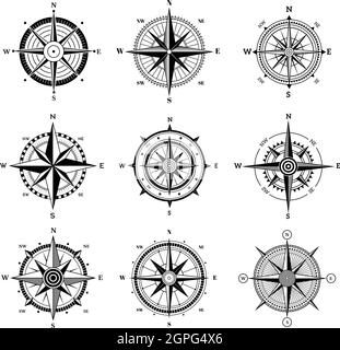 Windrose eingestellt. Reise Abenteuer Segeln nautische Rose Ziel Richtungspfeile Vektor-Navigation Symbole für alte Karte Stock Vektor