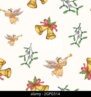 Weihnachten Hand Gezeichnet Vektor Nahtloses Hintergrundmuster. Engel, Glocken mit Band und Mistelskizzen Karte oder Deckblatt Vorlage. Weihnachtsdekoration Stock Vektor