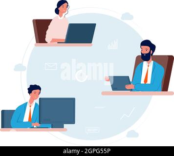 Cloud-Service. Mitarbeiter arbeiten Remote, online und im Business-Team. Vektordarstellung: Technologien für freiberufliche Tätigkeiten von zu Hause aus Stock Vektor