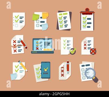 Checkliste sammeln. Business-Textlisten mit Clipmarken-Symbolen planen Vektorbilder in flacher Form Stock Vektor