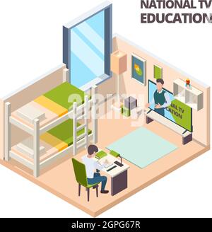 Online-Unterricht zu Hause. Kinder Student studieren zu Hause Sitztisch und beobachten in Computer Vektor isometrische Innenraum Stock Vektor
