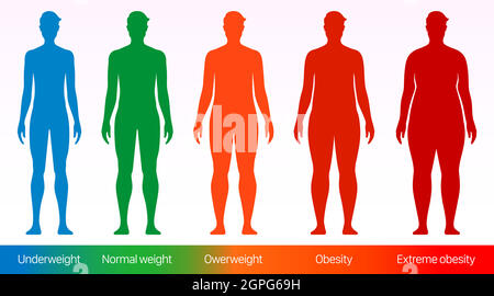 Body-Mass-Index-Vektor-Poster. Erwachsene Männer mit unterschiedlichen Körpergewichtsgrößen von Untergewicht bis Übergewicht. Stock Vektor