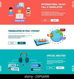 Banner für Übersetzer. Horizontale Bilder mit App-Übersetzungsdiensten zweisprachige Übersetzer Wörterbuch eBooks Vektor-Vorlagen Stock Vektor