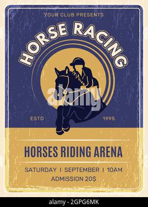 Pferdesport-Poster. Pferd domestic reiten Tiere mit Jockey in Helm Training Club Plakatvorlage Vektor vintage Vorlage Stock Vektor