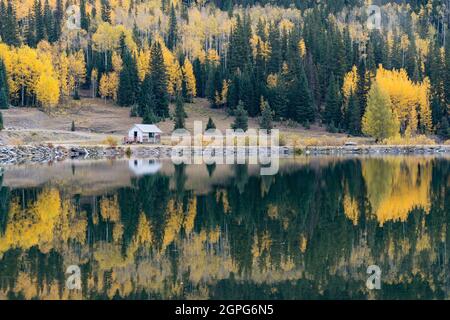 Spiegelung der herbstlichen Espenbäume entlang des Sees in den San Juan Mountains von Colorado Stockfoto