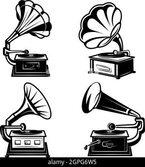 Grammophone. Vintage-Musik-Player mit Vinyl-Schallplatten Retro-Phonograph-Box Song-Ausrüstung Vektor monochrome Sammlung Stock Vektor