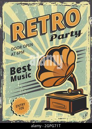 Retro-Party. Einladungsplakat mit Grammophon und Vinyl Schallplatten Musikvektorplakat Stock Vektor