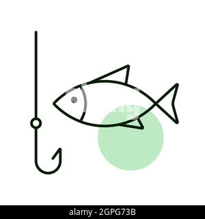 Angelhaken mit Fisch-Vektor-Symbol. Camping-Schild Stock Vektor