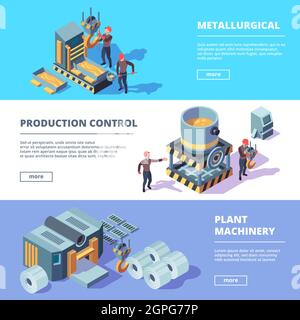 Metallurgie-Banner. Vorlage für Vektorgrafiken für schwere Fabrikanlagen aus Stahl und Arbeiter in der Industrie Stock Vektor