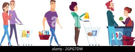 Warteschlange im Supermarkt. Supermarkt Warteleine, Kunden mit Karren und Shop Kassierer Vektor-Illustration Stock Vektor