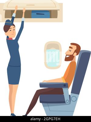 Glücklicher Stewardess Charakter. Passagier im Flugzeug sitzt auf einem Stuhl an Bord, Frau vom Personal mit Gepäck Vektor-Illustration Stock Vektor