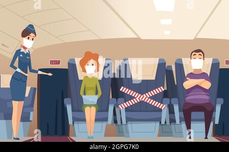 Flugregeln. Epidemische Probleme, Passagiere tragen Schutzmasken im Flugzeug und sichere soziale Distanz Vektor-Illustration Stock Vektor