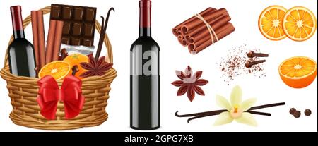 Glühweinpackung. Realistischer weihnachtskorb mit Wein Zimt Vanille Orangen. Isolierte Urlaubsgeschenk Vektor-Illustration Stock Vektor