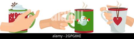 Hände mit Tassen. Weihnachtsgetränke, isolierte Arme, die Tassen mit Kakaolatte-Kaffee halten, Vektorgrafik Stock Vektor