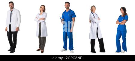Satz voller Porträts von Ärzten und Krankenschwestern medizinisches Personal isoliert auf weißem Hintergrund Stockfoto