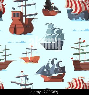 Piratenschiff-Muster. Alte Schifffahrt Boot Abenteuer Konzept nahtlose Vektor-Hintergrund Stock Vektor