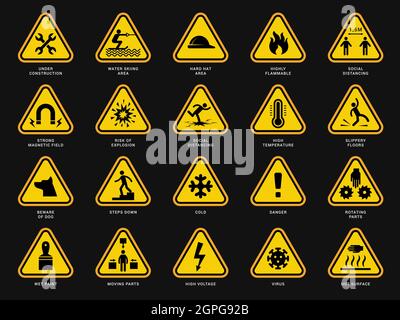 Gelbe Warnsymbole. Dreiecksschilder mit Gefahrensymbolen Warnkamera – Vektorvorlagen für elektrische Gefahren Stock Vektor