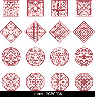 Koreanisches Ornament. Traditionelle asiatische geometrische Textur Kreise und Quadrate Vektor authentische Designs Kollektion Stock Vektor