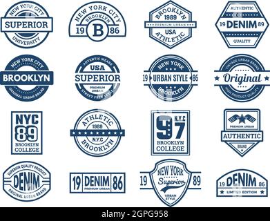 Jeans-Embleme. Vintage Typografie Labels urban style Wear Patches Sport Banner Stickerei Vektor Kollektion Stock Vektor