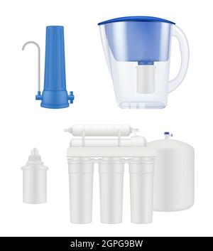 Wasserfilter. Küche Behandlung aqua Reinigung Flüssigkeit Filtrationssysteme Vektor realistische Vorlage Stock Vektor