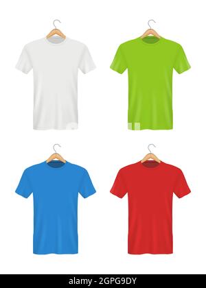 Hemd am Aufhänger. Farbige weiße Kleidung für Erwachsene Polo-T-Shirts für Männer und Frauen. Vektor realistisch leere Vorlage Stock Vektor