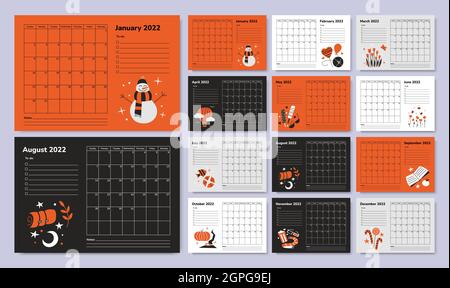 Horizontaler Kalender oder Planer 2022. Tiger-Jahr. Jahreszeiten. Satz von 12 monatlichen Seiten. Organizer Scheduler Timetable Vektorvorlage. Wandtisch Kalender Stock Vektor