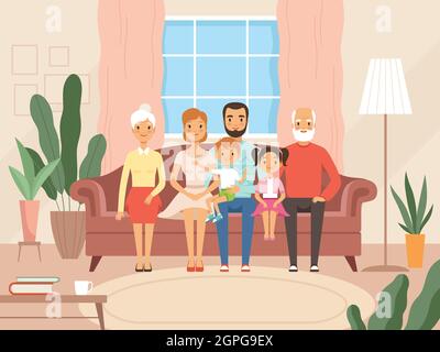 Große Familie. Mutter Vater Kinder und Großeltern glückliche Charaktere lächelnde Gesichter sitzen im Wohnzimmer. Vektorgrafik Cartoon Hintergrund Stock Vektor