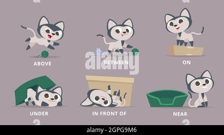 English prepositions with cute animal. Cartoon dog behind, above, near and  under dog house, bowl. Learning words kids education vector set. Comic  character with ball for learning visual material Stock-vektor