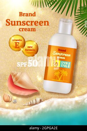 Sonnenschutzwerbung Poster. Beauty Kosmetik Sonnenschutz Sandwasser und Muscheln am Strand realistische Illustration Stock Vektor