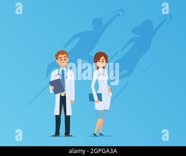 Ärzte mit Superhelden Schatten. Medizinisches Team, nette, starke Krankenhausmitarbeiter. Medizin Macht Metapher Vektor Illustration Stock Vektor