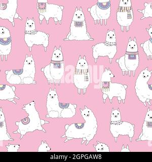 Lamas-Muster. Ethnische Textil nahtlose Hintergrund mit niedlichen wilden Kamelen und Kaktus trendige Bilder Alpaka Vektor Stock Vektor