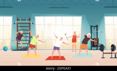 Ältere Menschen im Fitnessstudio. Glückliche Senioren, aktiver Lebensstil alte Menschen. Mann Frau Training, tun Yoga Laufen Vektor Illustration Stock Vektor