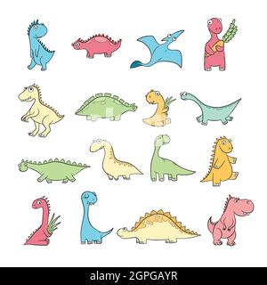Cute dinosaurs. Set of funny wild ancient reptiles pterodactyl diplodocus vector doodle characters Stock Vektor