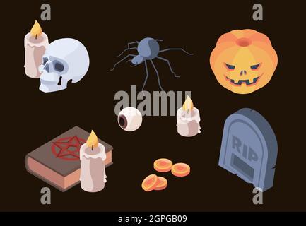 Halloween Kollektion. Horror beängstigend Symbole Schädel Knochen Friedhof Grab Geister Vektor isometrische Set-Artikel für Herbstfeier Stock Vektor