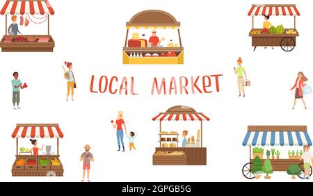 Lokaler Markt. Food Festival, Verkäufer und Kunden. Sommer Straßenstände Vektor-Illustration Stock Vektor