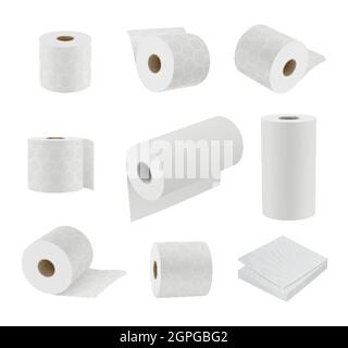 Toilettenpapier realistisch. Hygiene Symbole weiche Handtuch Zylinder Sanitär Papier Vektor 3d-Vorlagen Stock Vektor