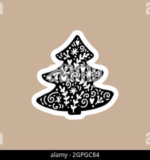 Weihnachten Schwarz Vektor-Aufkleber mit niedlichen und lustigen Tannenbaum. Handgezeichneter skandinavischer Badge-Charakter für Notizbuch, Sammelalbum oder Planer. Flache Grafik Stock Vektor