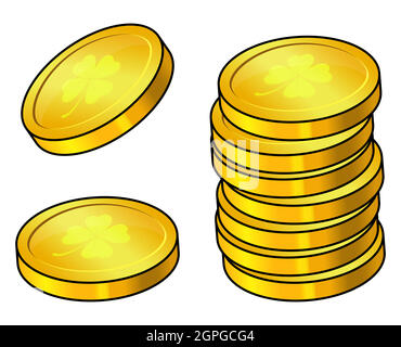 Münze mit Kleeblatt-Symbol. Goldgeld Set mit 4 Blatt Kleeblatt. Ideal für St. patrick Feier Design. Vektor-Cartoon-Illustration isoliert auf weißem Hintergrund. Stock Vektor