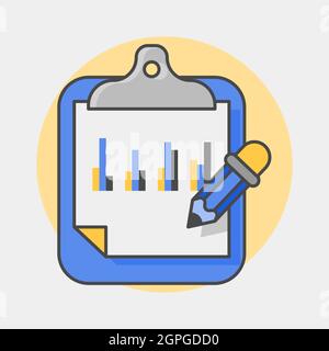 Stat Balken auf einem Blatt Papier auf einem Klemmbrett mit Bleistift. Konzept der Finanzanalyse. Flache Illustration. Isoliert. Stock Vektor