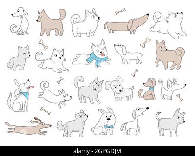 Hunde Zeichen. Lustige Haustiere spielen Welpen mit Spielzeug freundliches Lächeln Hunde Vektor-Bilder Stock Vektor