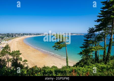 Frankreich, Cotes d'Armor, Saint-Cast-le-Guildo, der große Strand entlang des Wanderweges GR 34 oder Zollwegs Stockfoto