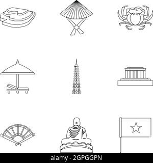 Urlaub in Vietnam Icons Set, Umriss-Stil Stock Vektor