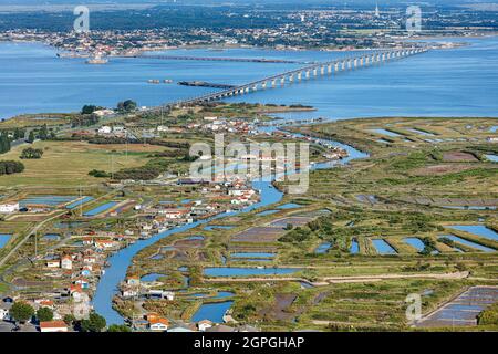Frankreich, Charente Maritime, Le Chateau d'Oleron, Austernfarmen am Ors-Kanal und Oleron-Brücke (Luftaufnahme) Stockfoto