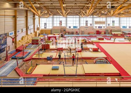 Frankreich, Loire, Saint Etienne, Turner Mélanie De Jésus Dos Santos beim Training im Pole Gym France, Turnkomplex Séraph Berland Stockfoto